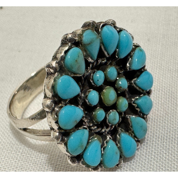 Womens Turquoise Ring 925 Sleeping Beauty Zuni Cluster Sterling Silver Sz 7.5 - Picture 1 of 5